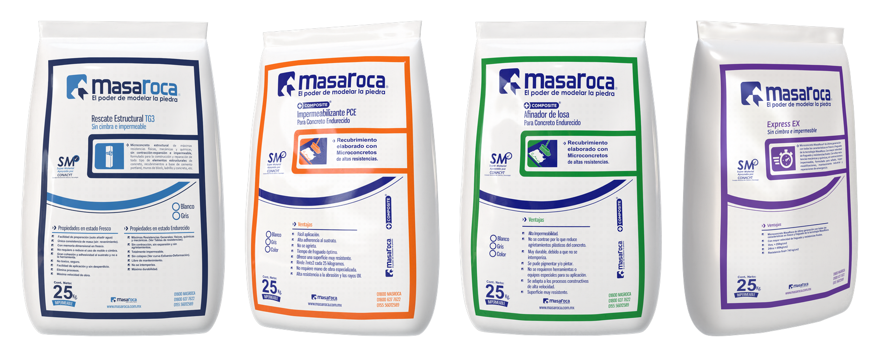 Sacos de los productos MasaRoca: Rescate Estructural TG3, Impermeabilizante PCE, Afinador de Losa RG3 y Express EX